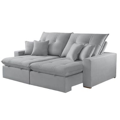 Sofá com Chaise B026 3 Lugares Retrátil 210CM Prata Veludo Meu Sofá Online