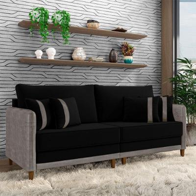 Sofá Living Montecarlo G33 3 Lugares 232cm Preto e Cinza em Veludo Gran Belo
