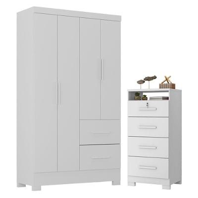 Guarda Roupa Solteiro Primordial Max 4 Portas de Bater 4 Gavetas MDP Branco Absoluto Semi Fosco