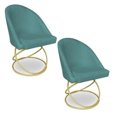Kit 02 Cadeiras Poltrona De Jantar Bela Suede Azul Turquesa Base Metálica Luxo Dourado - Pallazio