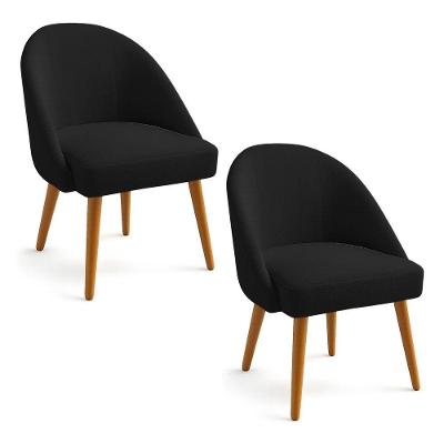Kit 02 Cadeiras Poltrona De Jantar Estofada Luna Boucle Preto Pés Palito Castanho - Pallazio