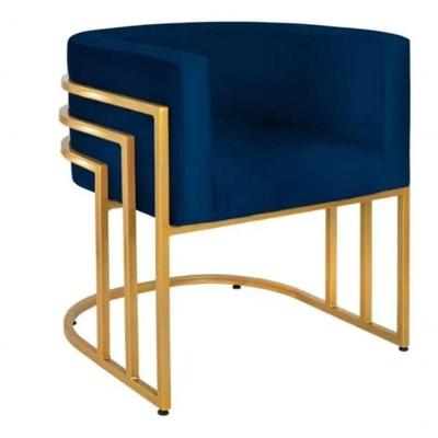 Cadeira Poltrona Luxo Base De Metal Tripla Dourado Sala De Jantar Recepção Veludo Azul Marinho