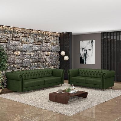 Sofá Stanford Chesterfield 2 e 3 Lugares 200cm e 260cm Couro Verde Manchado Gran Belo