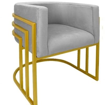 Cadeira Poltrona Luxo Base De Metal Tripla Dourado Sala De Jantar Recepção Veludo Prata