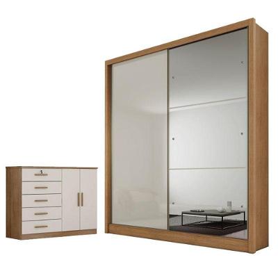 Guarda Roupa Solteiro Dante Seul 2 Portas 3 Gavetas MDF com Cômoda Sapateira e Espelho Cumaru 25