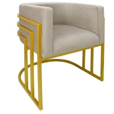 Kit 02 Cadeiras Poltrona Luxo Base De Metal Tripla Dourado Sala De Jantar Recepção Veludo Bege