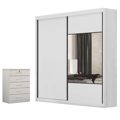 Guarda Roupa Casal Sienna 2 Portas 4 Gavetas Neve com Espelho e Cômoda Gaveteiro