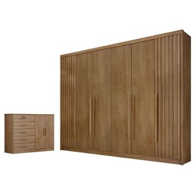 Guarda Roupa Casal Ripado e Cômoda Bragança Seul 6 Portas Giratórias 6 Gavetas MDF Cumaru 23