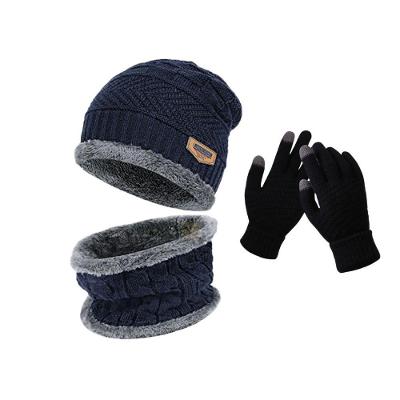 Kit Inverno OEM Geométrico 100% Lã Antialérgica Azul com Touca Luva Touch e Protetor de Pescoço