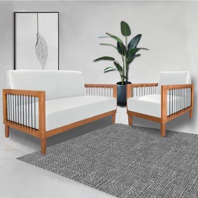 Conjunto Sofá Namoradeira e Poltrona Manila 160cm Preta Pu Branco Pés Madeira Gran Belo