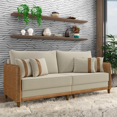 Sofá Montecarlo 3 Lugares 252cm Bege e Caramelo Veludo Pu Gran Belo