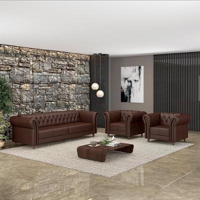 Conjunto Sofá Stanford Chesterfield 3 Lugares 200cm Marrom Couro Gran Belo