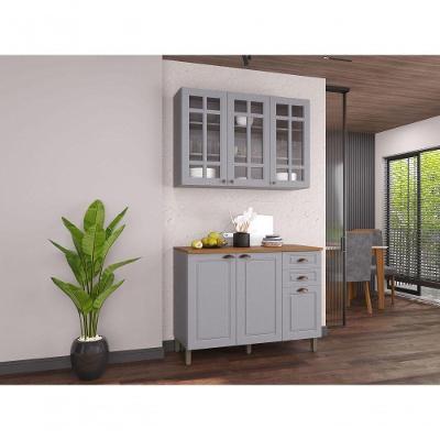 Cozinha 2 Peças Balcão 120CM Armário 3 Portas Vidro MDF Titânio Amoudi Móveis