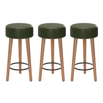 Kit 03 Banquetas Paris Courino Pés de Madeira sem Encosto Verde Abmaza
