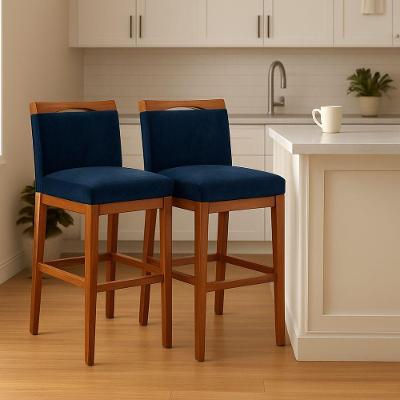Kit 2 Banquetas Alta Cozinha Gourmet Estofada Suede Encosto Madeira Azul