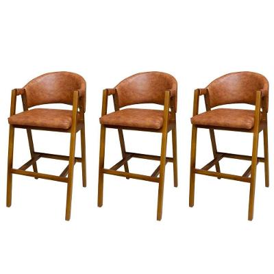 Kit 3 Banquetas Alta Flora Madeira Maciça Assento Couro Sintético Cobre Gat Magazine