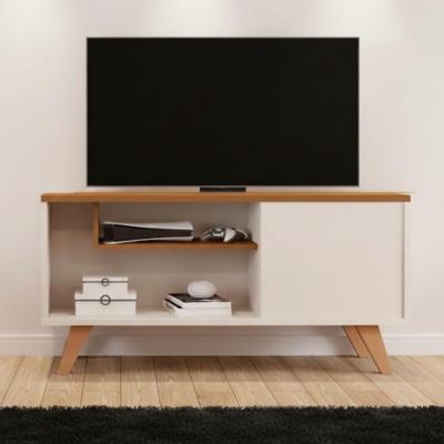 Rack Retrô Bancada Heitor para TV 60 Polegadas 100cm MDP com Nicho 1 Porta Off White Nature de Casa