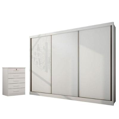 Guarda Roupa Casal Londres 3 Portas de Bater 4 Gavetas Neve MDF Móveis Novo Horizonte