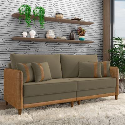 Sofá Montecarlo 3 Lugares 252cm Castor Caramelo Veludo Pu Pés em Madeira Gran Belo