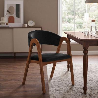 Poltrona de Jantar Valentina Madeira Maciça Mel Veludo Preto com Braços Ideal Decor