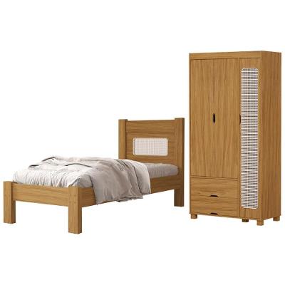 Guarda-Roupa Solteiro e Cama Clara 3 Portas 2 Gavetas MDF 95cm Marrom Milani Movelaria