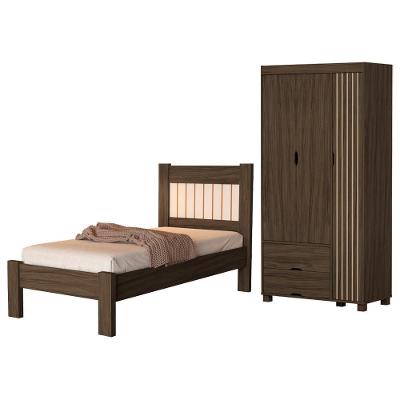Guarda Roupa Solteiro 3 Portas 2 Gavetas e Cama Bela Mdf Chocolate Off Milani Movelaria