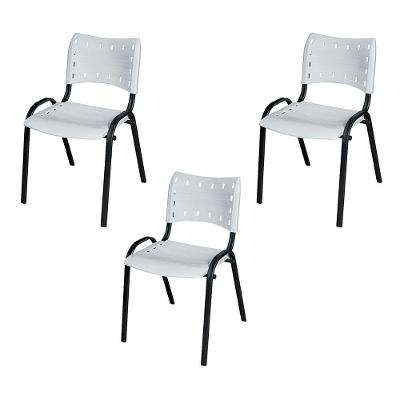 Kit 3 Cadeira Iso Tubo Oblongo Aço Industrial Empilhavel Branco