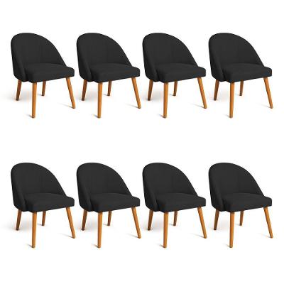 Kit 08 Cadeiras Poltrona De Jantar Luna Suede Preto Pés Palito Castanho - Pallazio
