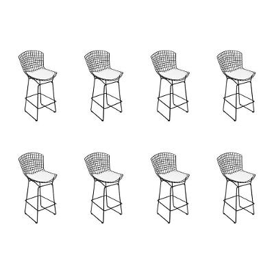 Kit 8 Banquetas Bistrô Bertoia Preta D60 Com Assento Branco