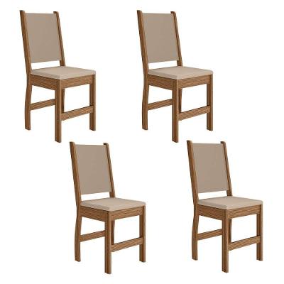 Kit 4 Cadeiras de Jantar Clara MDF Courino Bege Base Carvalho Pallazio
