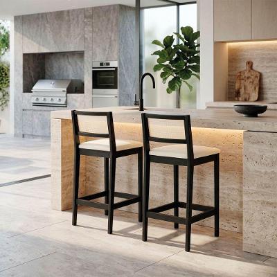 Kit 2 Banquetas Cozinha Alta Austria I03 Madeira Encosto Palhinha Cru e Preto D'Rossi