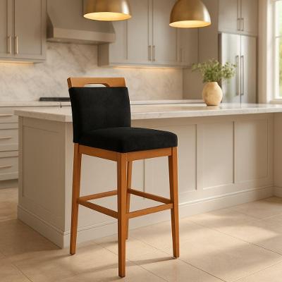 Banqueta Alta Cozinha Gourmet Balcão Estofada Encosto Suede Estrutura Madeira Fixa Preto