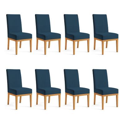 Kit 8 Cadeiras De Jantar Brisa Suede Base De Madeira - Pallazio Cor Azul Marinho