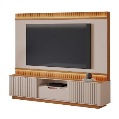 Home para Tv Até 85 Atena Ripado em MDF-MDP com Porta de Correr Off White e Cinamomo JCM Movelaria
