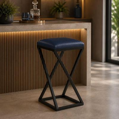 Banqueta com Base em Z Assento em Couro Sintético Base em Z sem Encosto Fixo Azul Marinho Isa