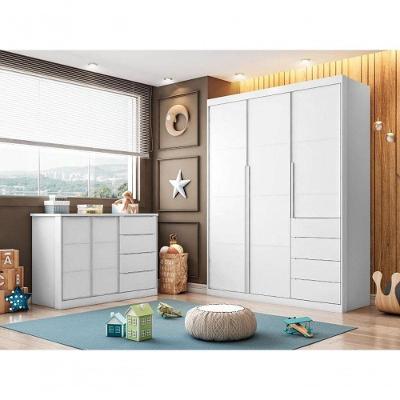 Quarto Completo Guarda Roupa e Cômoda Pérola 3 Portas 4 Gavetas MDF 165CM Branco Phoenix Baby