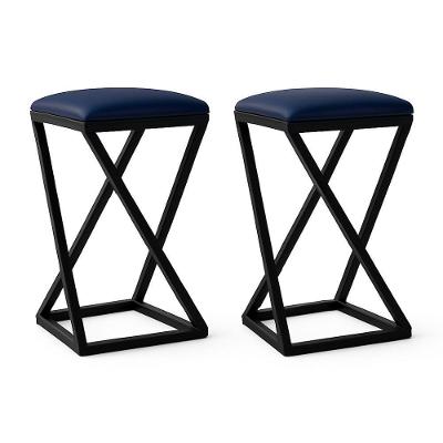 Kit 2 Banquetas Industriais 50CM Assento Couro Sintético Base em Z sem Encosto Fixo Azul Marinho Isa