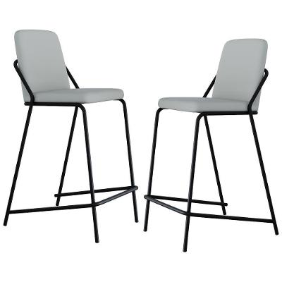 Kit 2 Banquetas Altas C01 Courino Saturno Off White Assento Estofado com Encosto Preto Lyam Decor