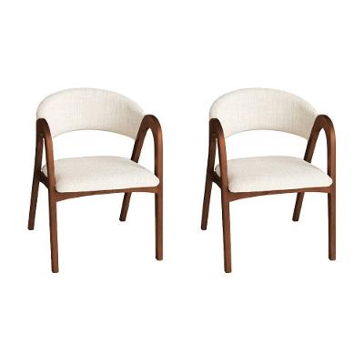 Kit 2 Poltronas Valentina Madeira Maciça Estofadas em Linho Off White Ideal Decor