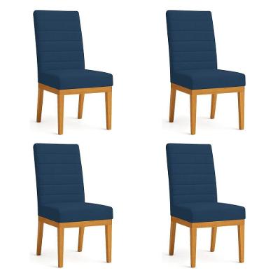 Kit 4 Cadeiras De Jantar Solana Veludo Base De Madeira - Pallazio Cor Azul Marinho