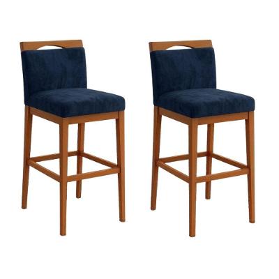 Kit 2 Banquetas Alta Cozinha Gourmet Estofada Suede Azul com Encosto Black House Decor
