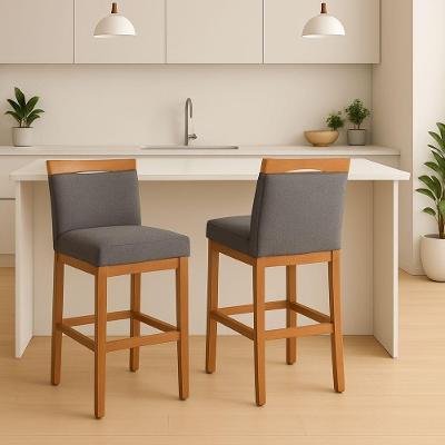 Kit 2 Banquetas Alta Cozinha Gourmet Estofada Linho Cinza Encosto Black House Decor