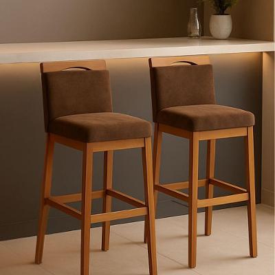 Kit 2 Banquetas Alta Cozinha Gourmet Estofada Suede Encosto Madeira Marrom