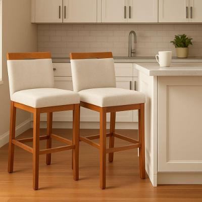 Kit 2 Banquetas Alta Cozinha Gourmet Estofada Suede Bege com Encosto Fixo