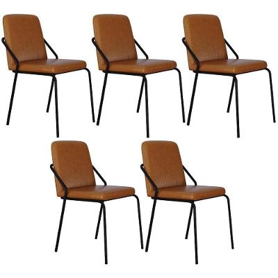 Kit 05 Cadeiras Estofada Para Sala De Jantar Loft Preto C01 Courino Caramelo - Lyam Decor