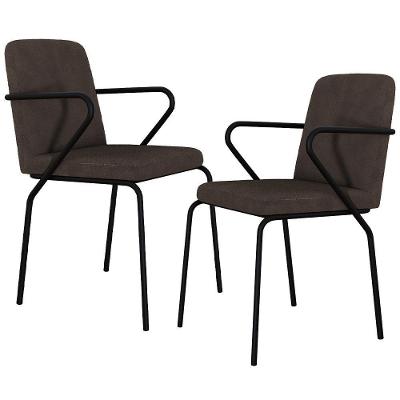 Kit 02 Cadeiras Estofada Para Sala De Jantar Com Braço Loft Preto C01 Bouclê Marrom - Lyam Decor