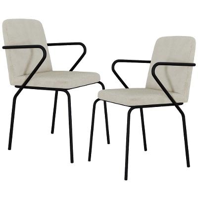 Kit 02 Cadeiras Estofada Para Sala De Jantar Com Braço Loft Preto C01 Bouclê Vanilla - Lyam Decor