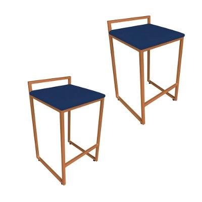 Conjunto 02 Banquetas Alta Lavinia Suede Azul Marinho Base Cobre Drossi