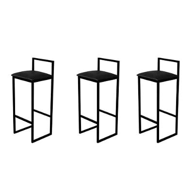 Kit 3 Banquetas Luna Alta Industrial Para Bar Cozinha Bistrô Bancada Assento Corino - Preto