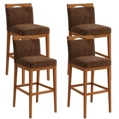Kit 4 Banquetas Altas Gourmet Suede com Encosto Fixo Marrom Tatite Decor